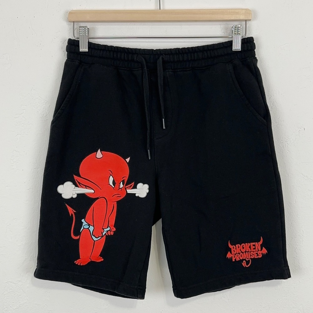 Broken Promises x Hot Stuff Hey Black Sweat Shorts Size Small Fleece Drawstring